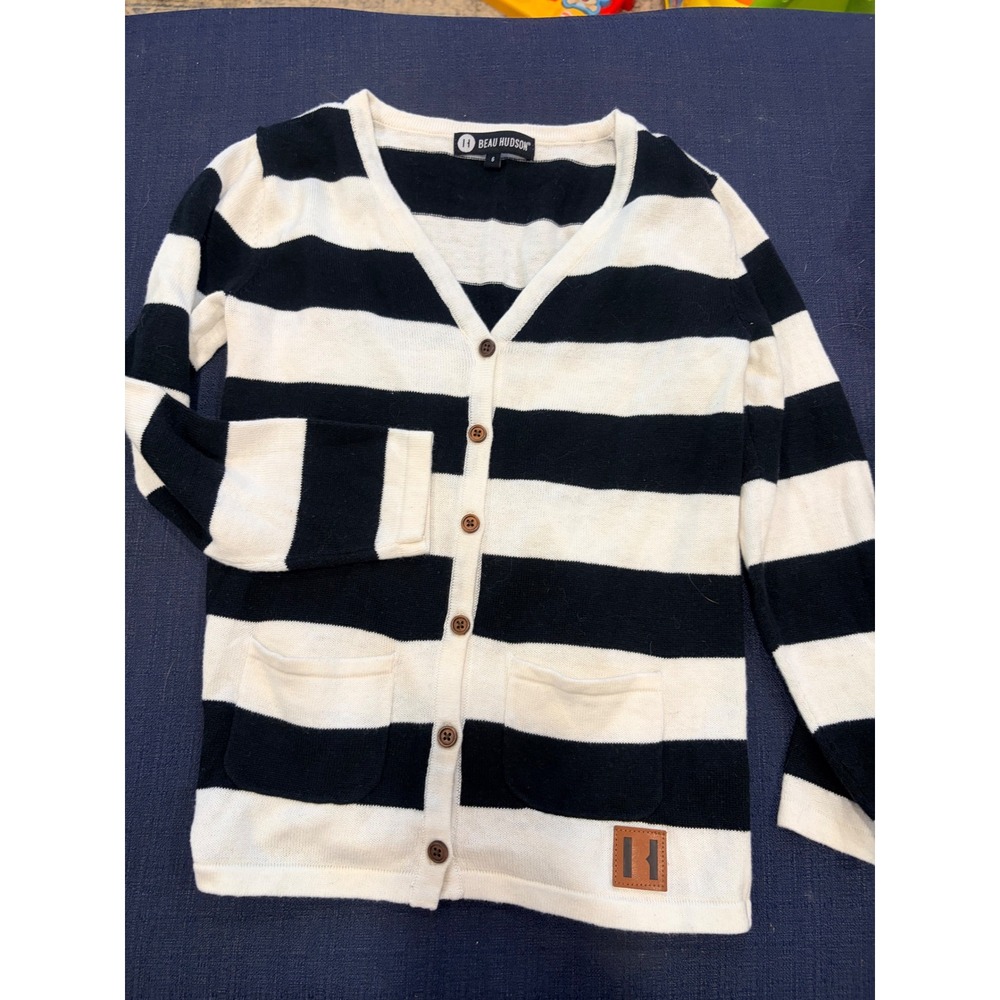 Beau Hudson Kids Black White Striped Knit Cardigan Sweater Size 6